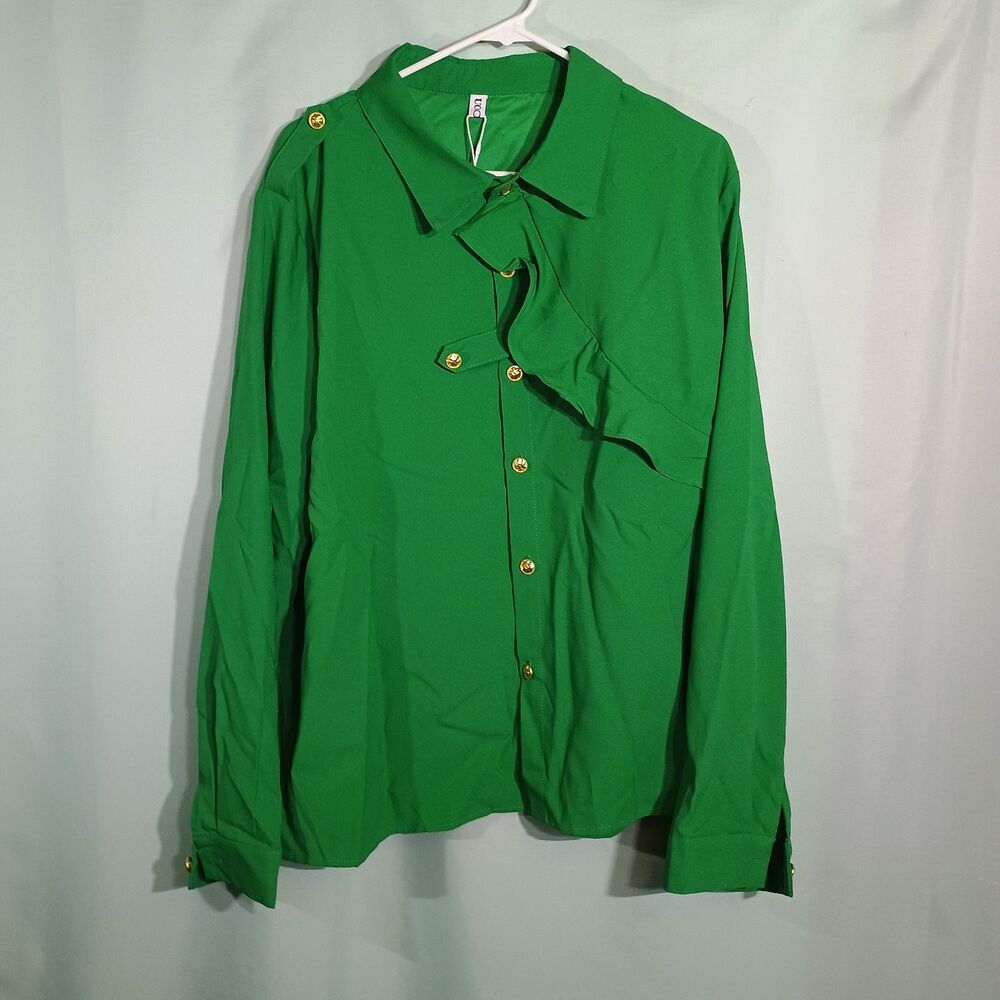 Women’s Kelly Green Ruffle Tie-Neck Button-Up Blouse with Gold-Tone Buttons